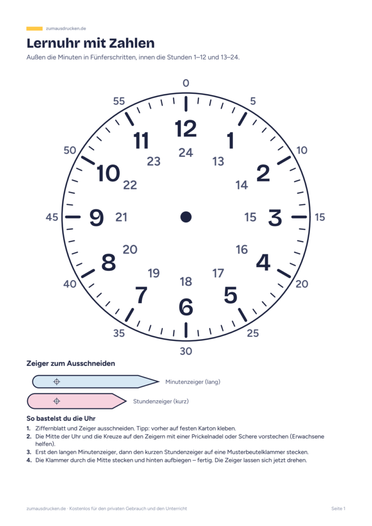 Vorschau: Lernuhr zum Ausdrucken (mit und ohne Zeiger)