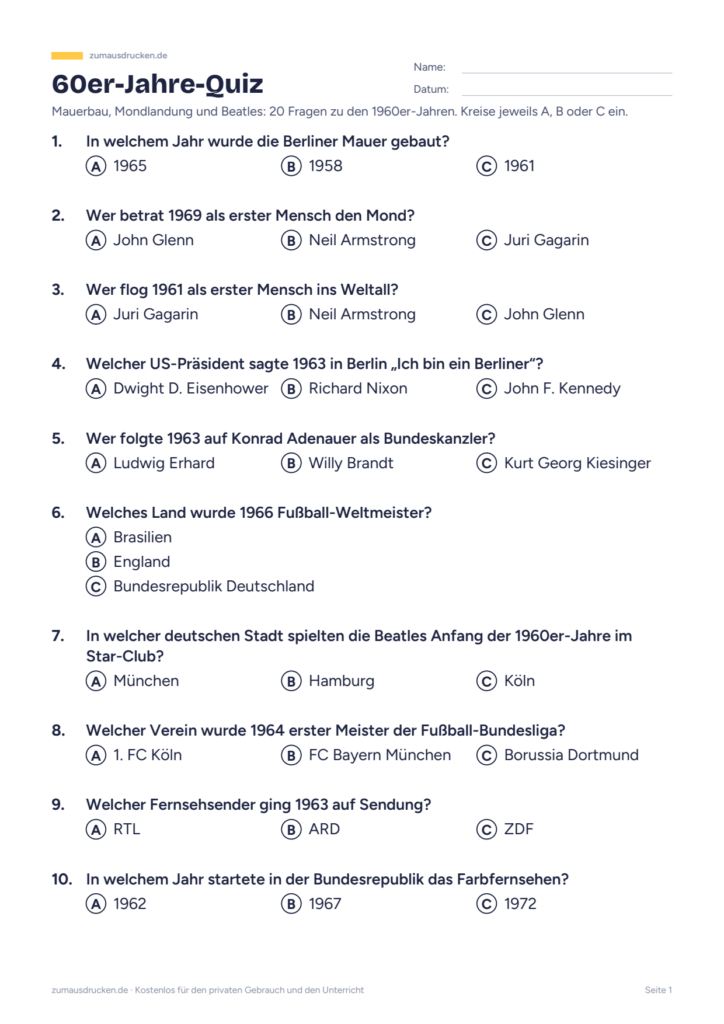 Vorschau: 60er-Jahre-Quiz zum Ausdrucken