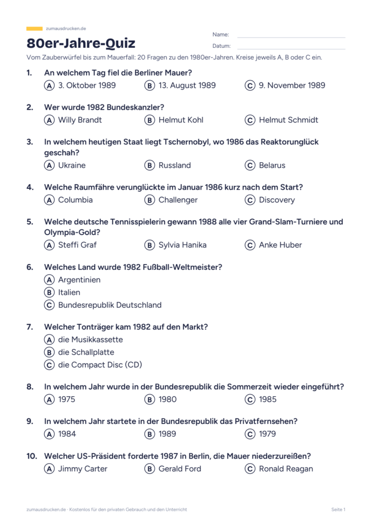 Vorschau: 80er-Jahre-Quiz zum Ausdrucken