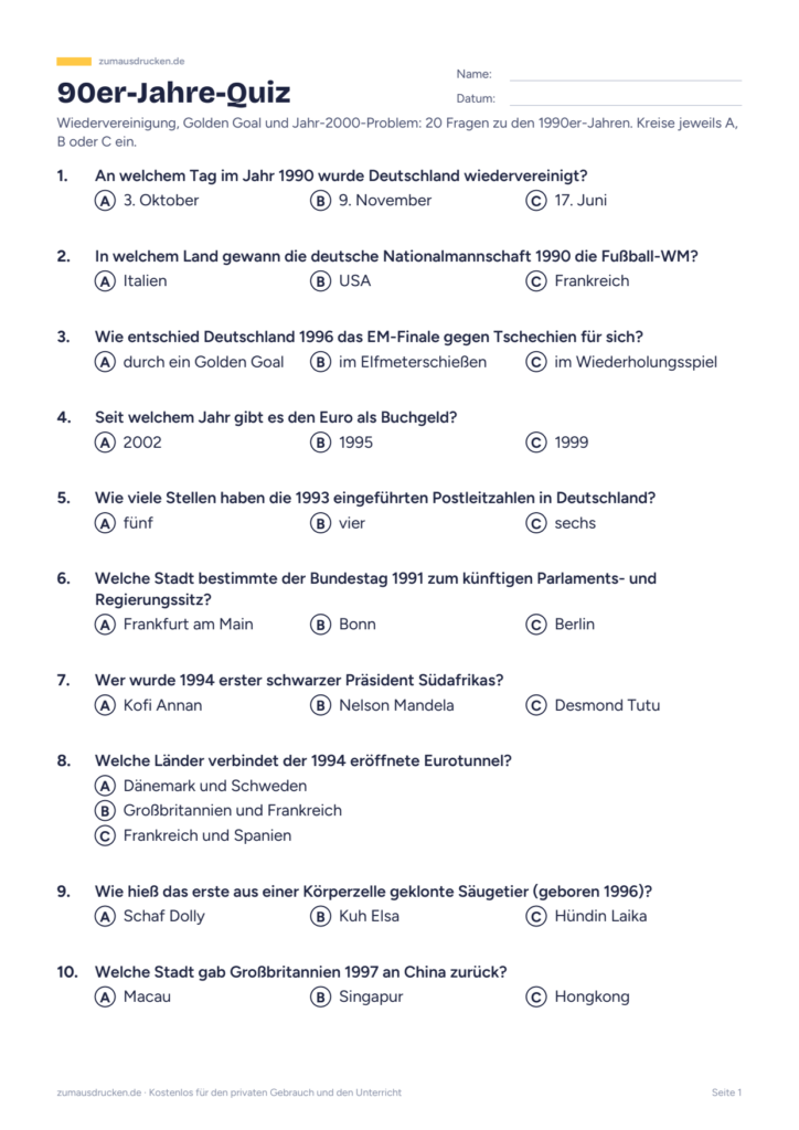 Vorschau: 90er-Jahre-Quiz zum Ausdrucken