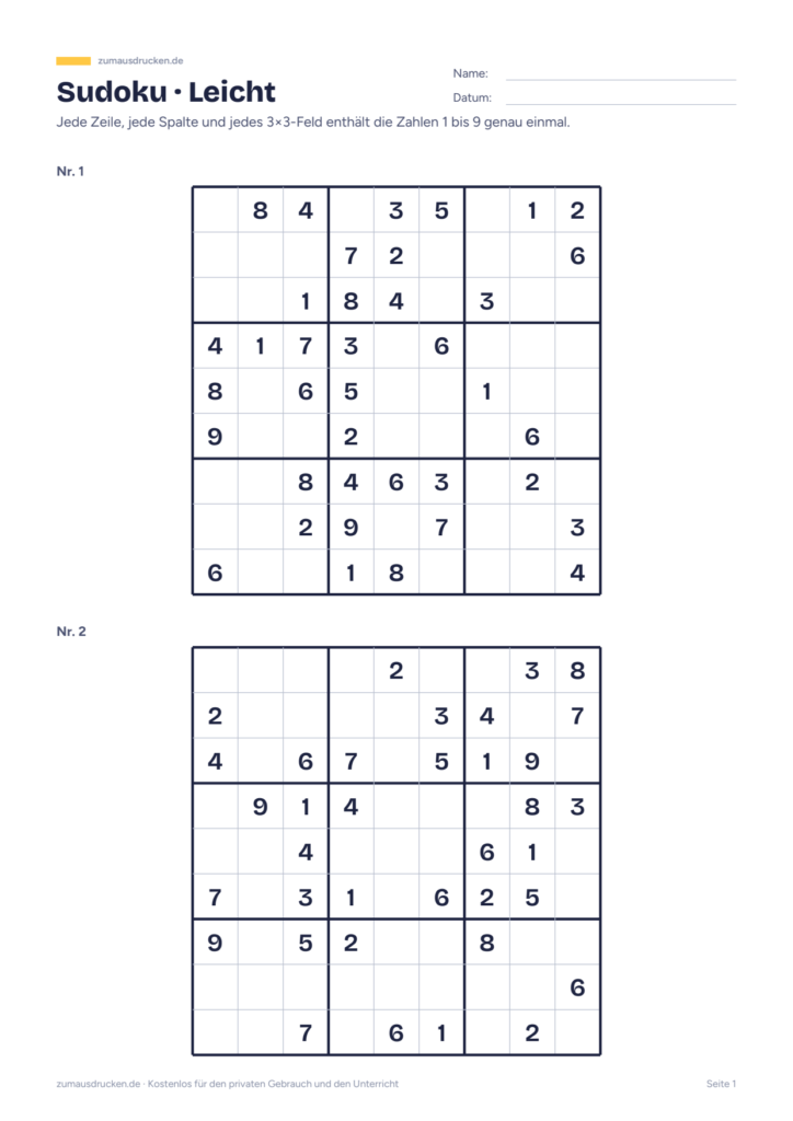Vorschau: Sudoku zum Ausdrucken mit Lösungen
