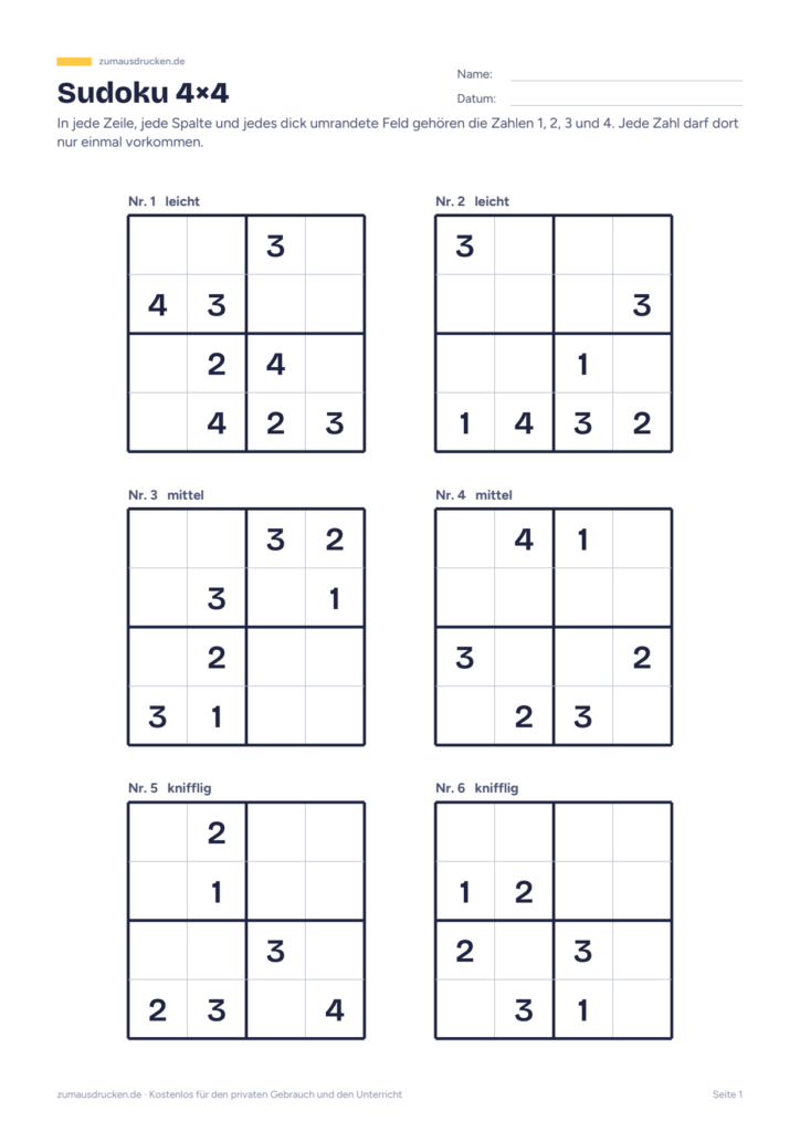 Vorschau: Sudoku für Kinder (4×4 und 6×6)
