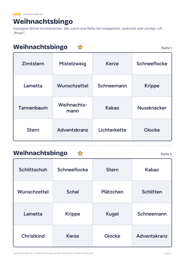 Vorschau: Weihnachtsbingo zum Ausdrucken