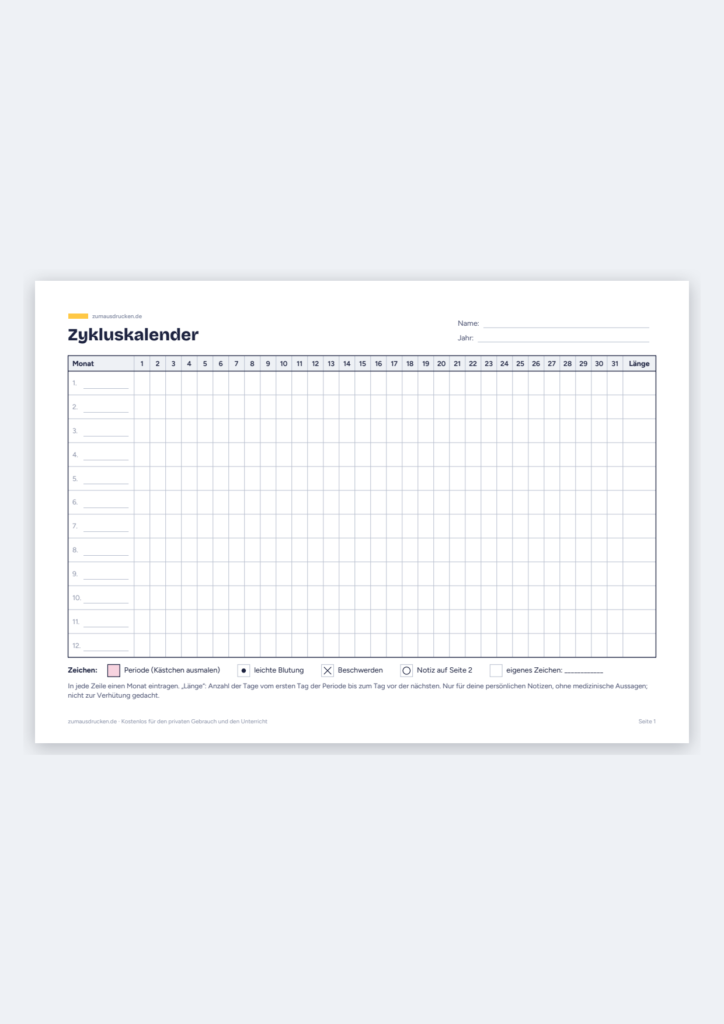 Vorschau: Zykluskalender zum Ausdrucken